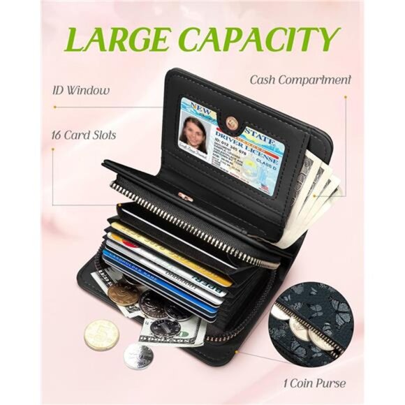 RFID Leather Card Holder Wallet for Women Small Zipper ID Coin Purse Butterfly - Picture 4 of 7